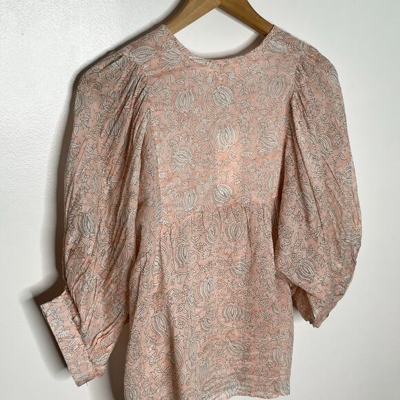 Marea Puff Sleeve Steph Top Small Blush Pink Floral V Neck Boho Tasseled Cotton - Picture 10 of 11
